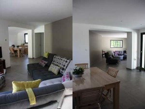 Avant après de la réalisation d'un agrandissement par BElcastro : salon et nouvelle ouverture, table en bois.